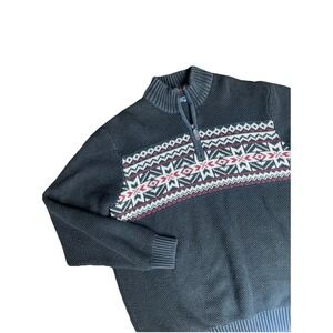 Fair Isle 1/4 Zip Sweater Vintage Nordic Men's L Black Chunky Knit Aztec